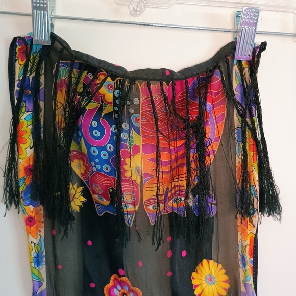 Laurel Burch Fringed Silk Scarf, Black/Bright Multi with Humorous Cat Designs - Picture 2 of 10